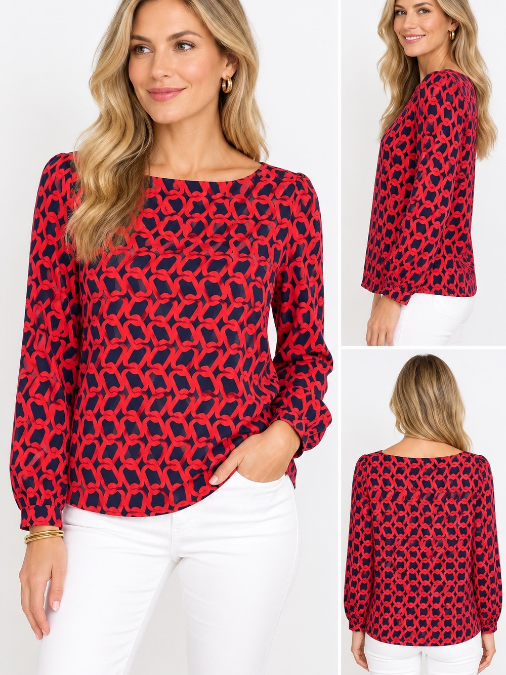 Elizabeth McKay stone top Coral Geometric Chain Print Long Sleeve large